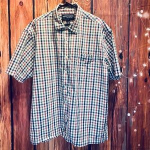 Abercrombie & Fitch shirt, medium,100% cotton,red and blue plaid, made in China.